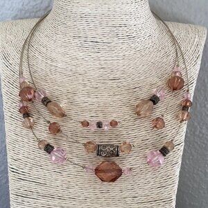 Pink Beaded Wire Necklace with Gold Spacers, 8 Inch Drop